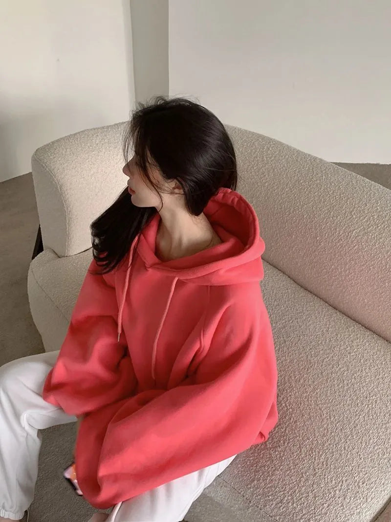 Women's loose mulberry silk hooded sleeveless sweater in watermelon red colour