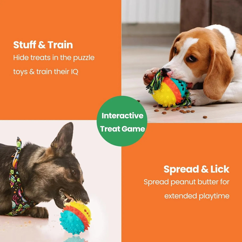 Blue and red squeaky dog toy ball with treat dispenser hole for aggressive chewers