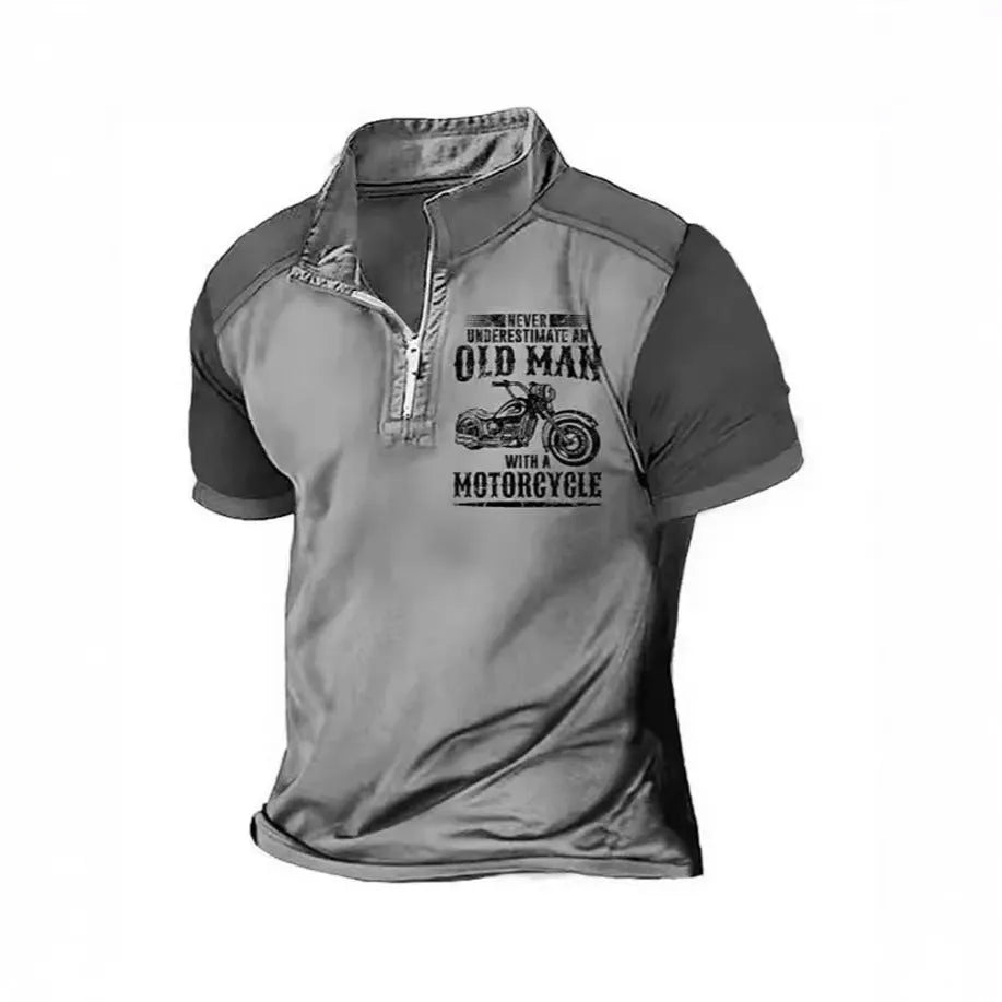 Men's casual polo shirt with lapel collar, digital letter printing, and zipper decorations on short sleeves.