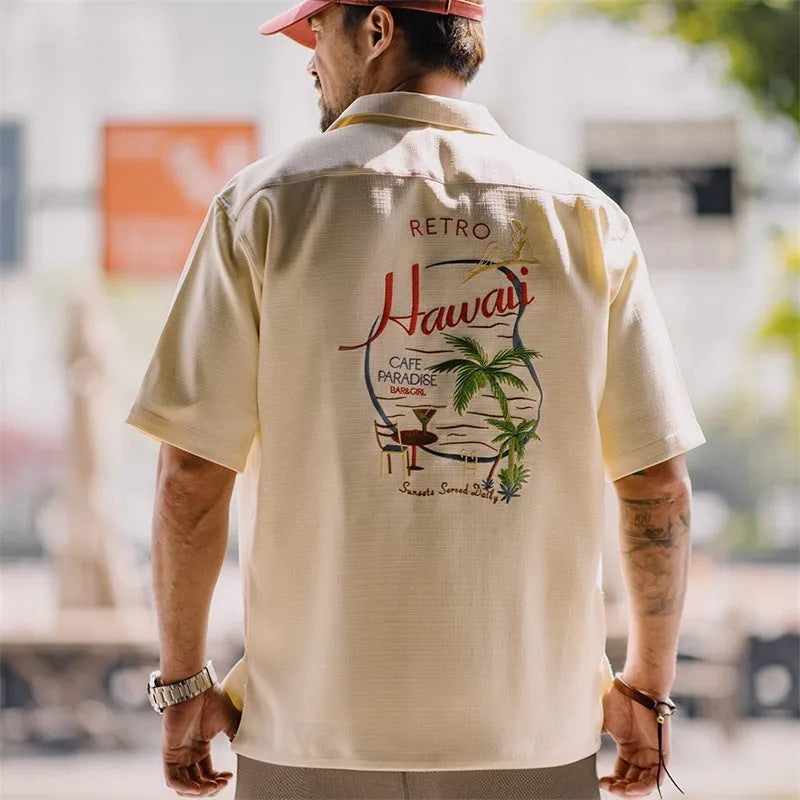 Men's light apricot bamboo pattern shirt with Cuban collar and plant flower design
