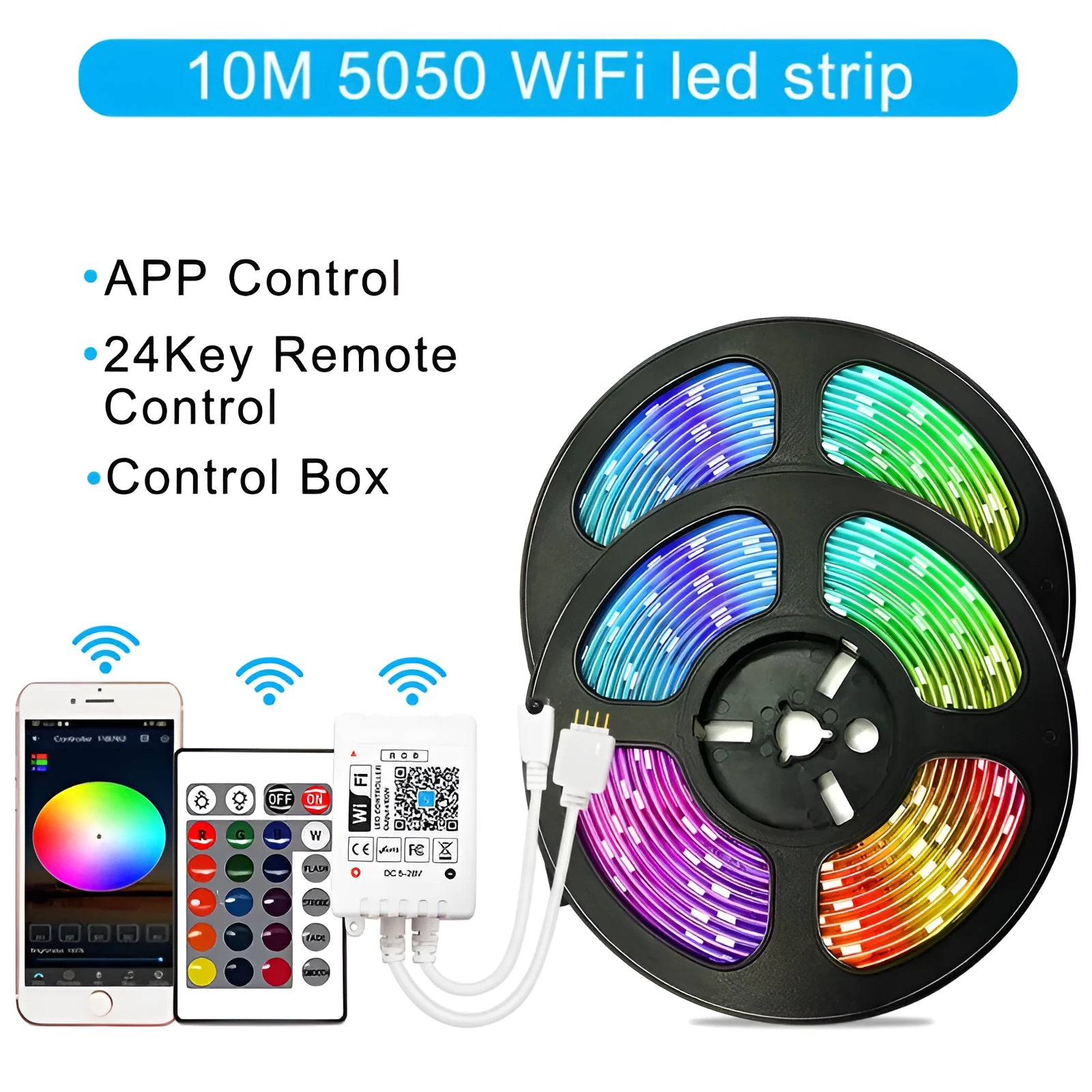 WiFi RGB LED light strip with 2835 and 5050 chips, 24-key controller, for TV backlight