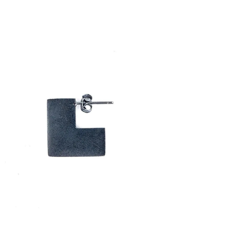 Oxidised black geometric square ring sterling silver earrings on a 16mm hoop.