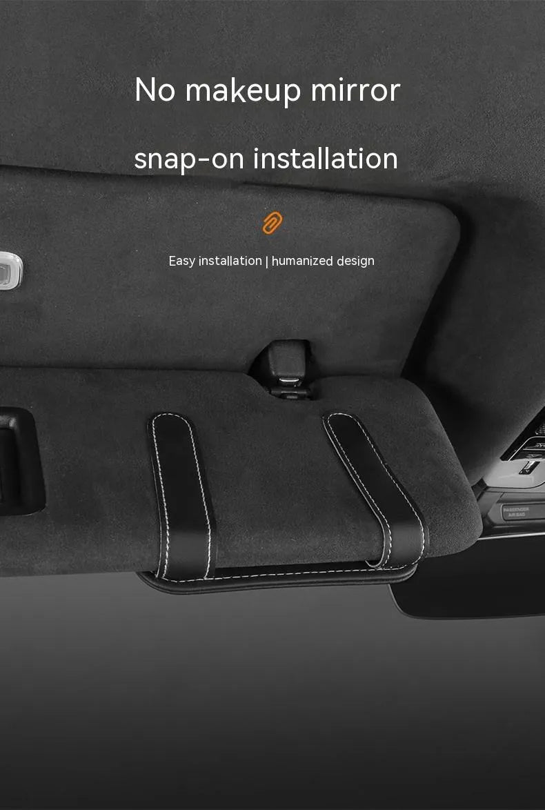 Leather car sun visor organiser with clip for sunglasses and card slot in beige colour.