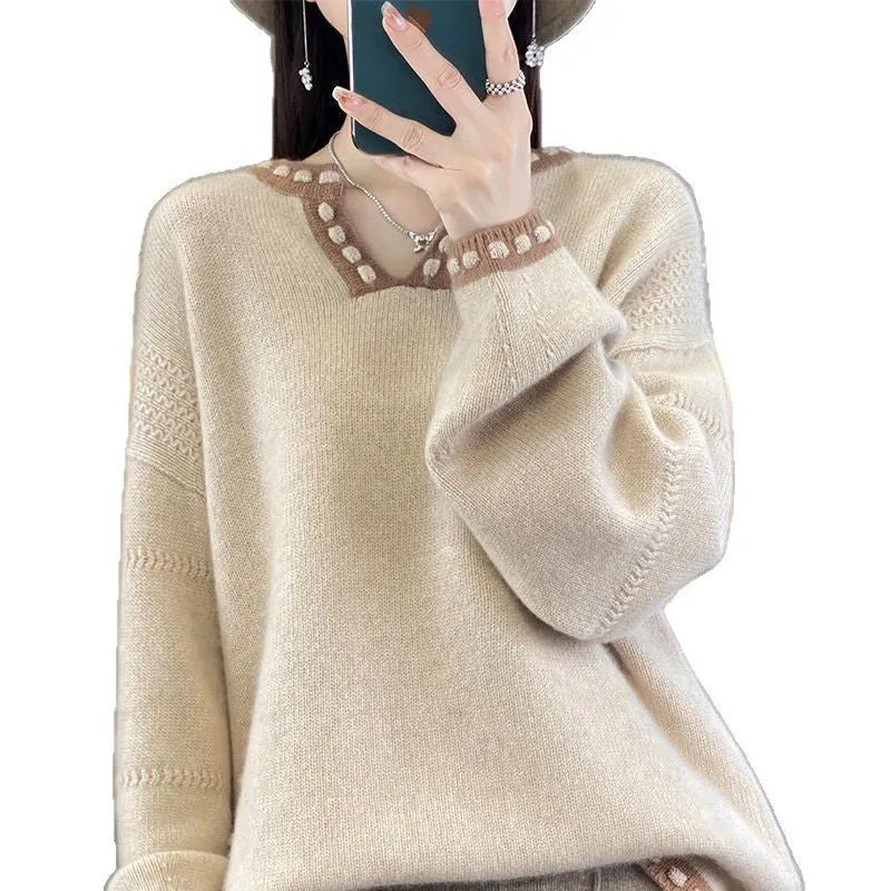 Women's camel coloured V-neck viscose fibre sweater with long sleeves