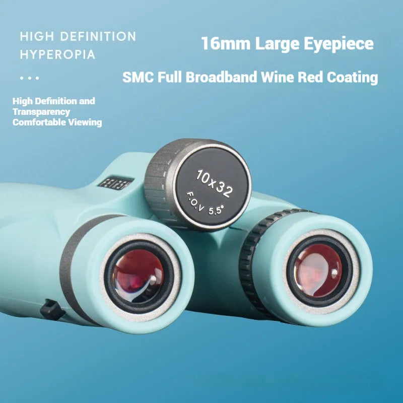 10x32 grey or blue plastic binoculars showing 112mm compact dimensions with optical specifications