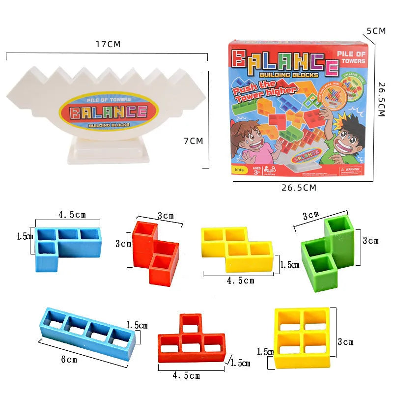 Plastic balance stacking game with coloured blocks on chassis for family play