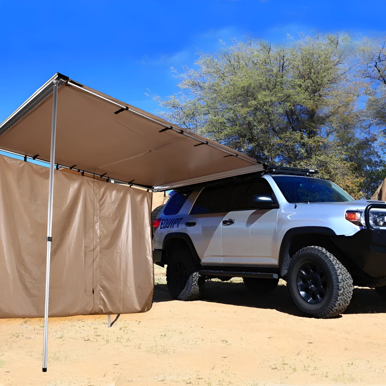 Camping tent with aluminium poles and camouflage styling showing two bedroom layout