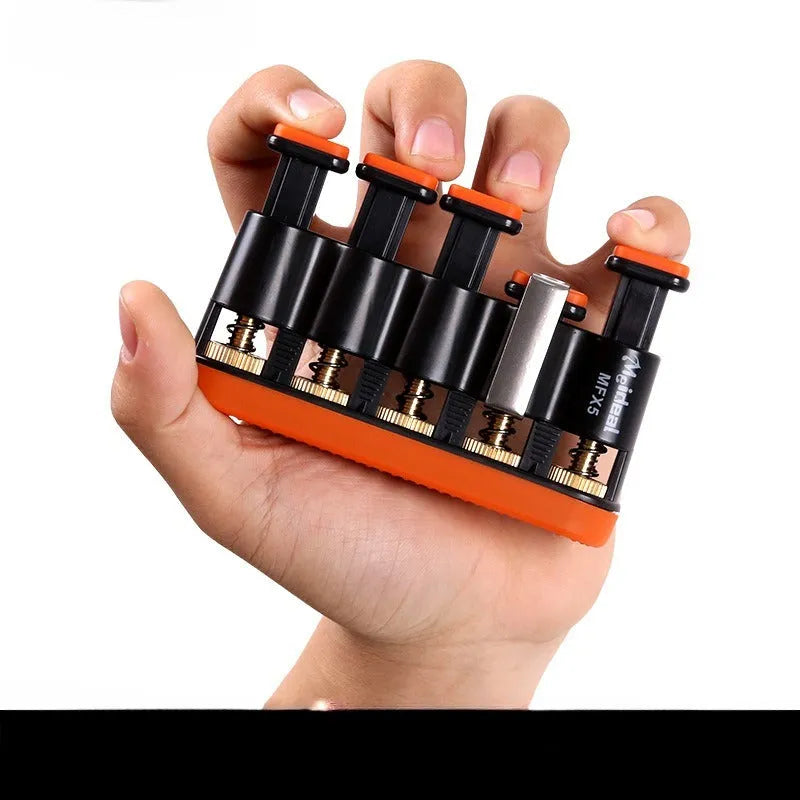 Grey or orange non-slip silicone fingerboard trainer for musician hand strength.