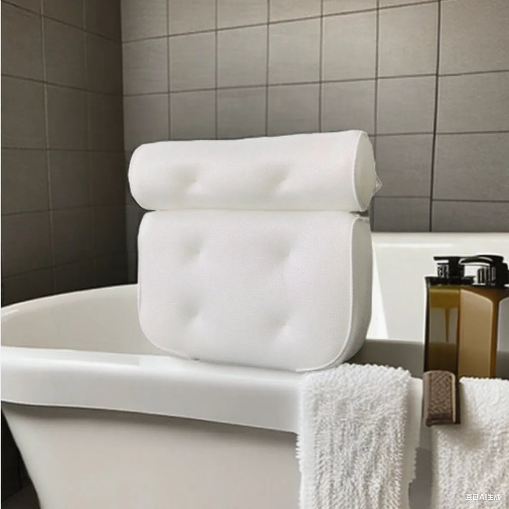 White 4D mesh bathtub pillow with suction cups on a clean bathtub surface.