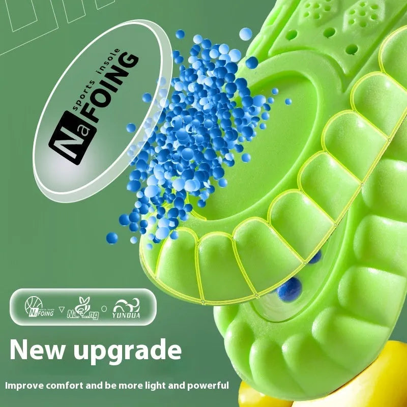 Green PU air cushion sports insoles for shock absorption, shown in size 35-46.