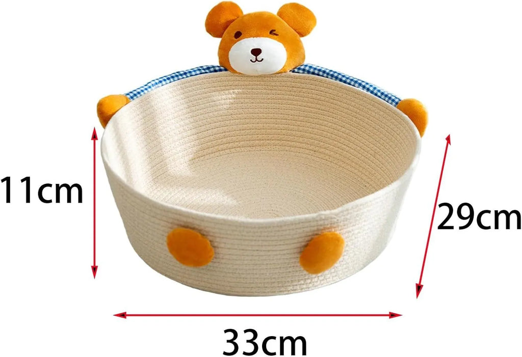 Woven cotton rope cat bed and scratcher basket in bear or rabbit design, shown in small, medium, or large size.