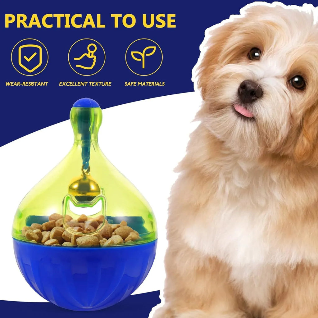 Durable interactive tumbler treat dispenser toy for small dogs and cats.