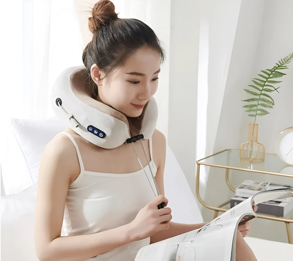 Brown U-shaped electric neck massage pillow with four circular massage heads and control buttons