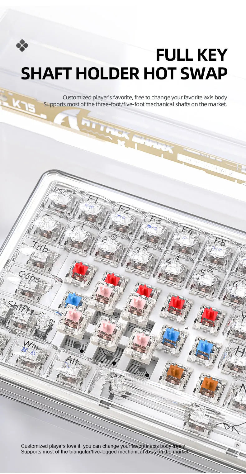 Attack Shark K75RGB wireless mechanical keyboard with transparent black case showing RGB backlighting and 75% layout