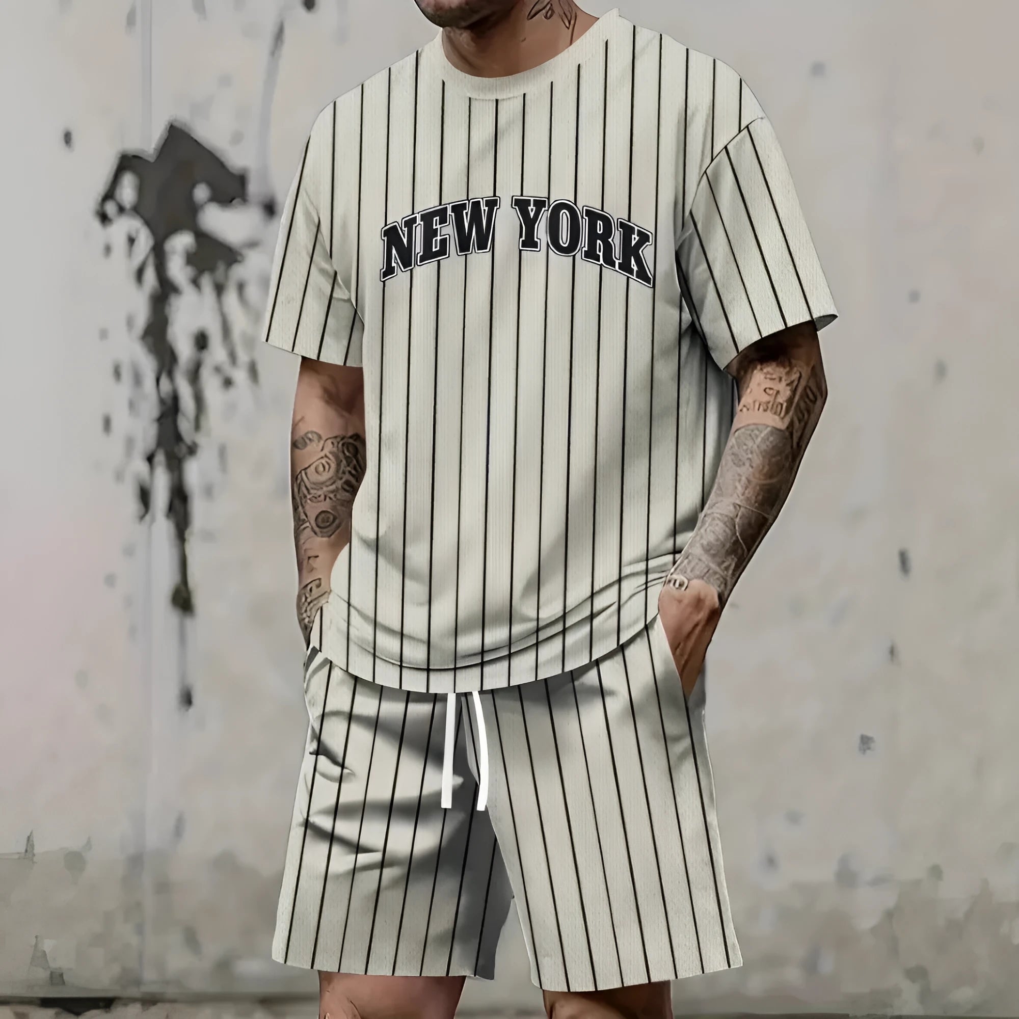 Man wearing a men's short sleeve top and shorts set with a 3D printed letter design, in a sportswear setting.