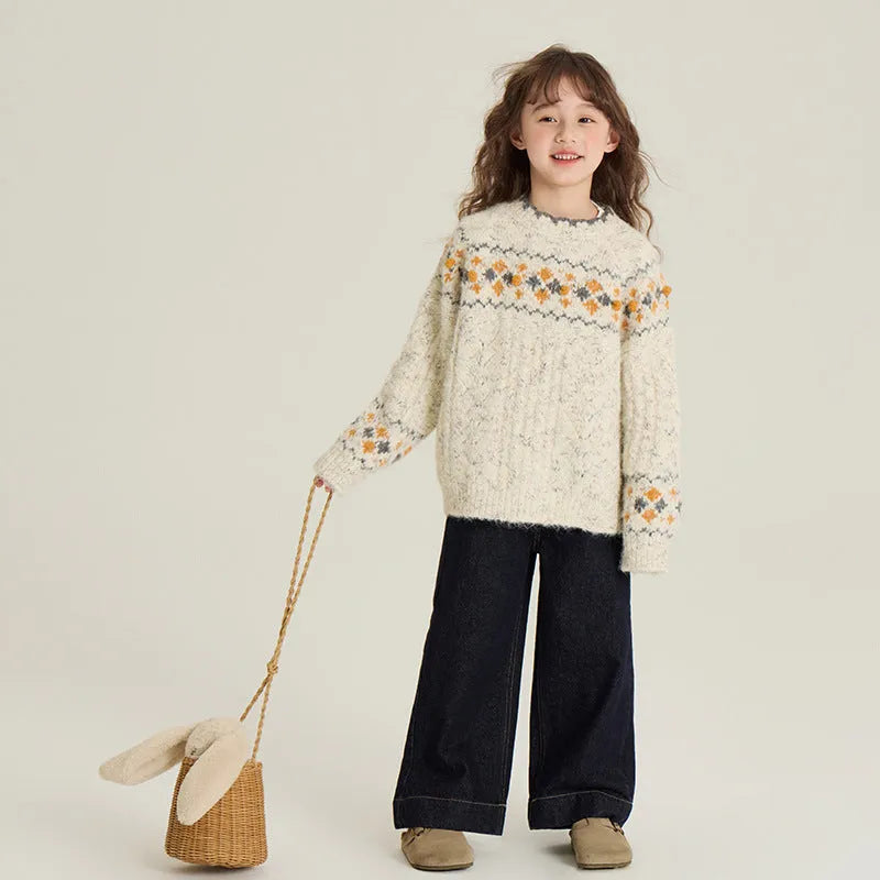 Thickened knitting top pullover in greige for children, retro idle style, 90-160cm height