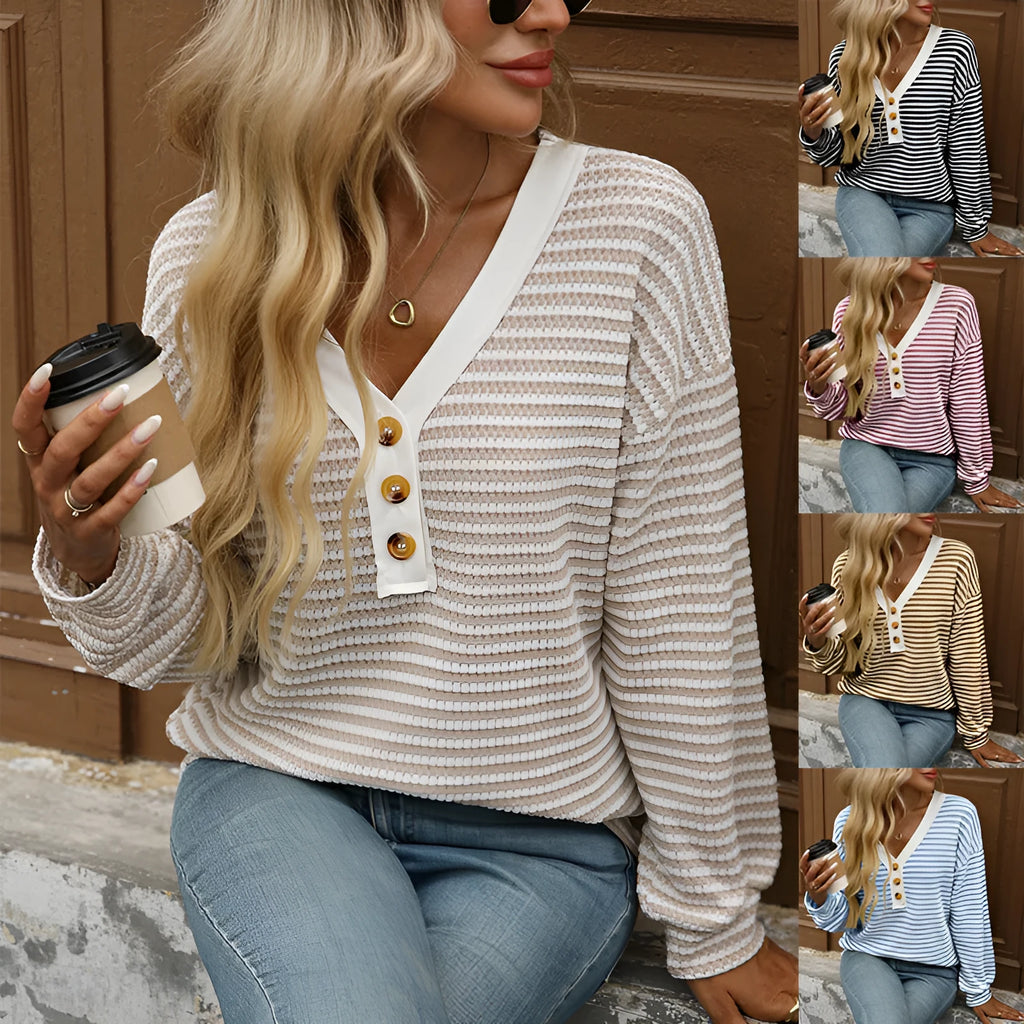 Women's patchwork V-neck pullover top in loose fit with long sleeves