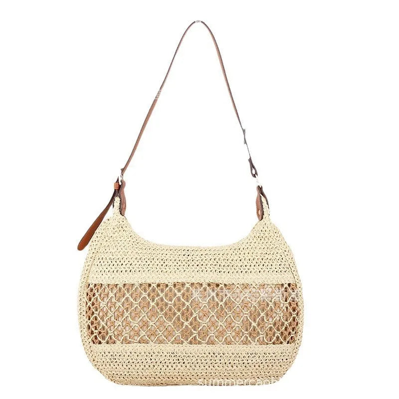 Women's straw cross body bag with sandwich pocket in khaki colour horizontal square shape