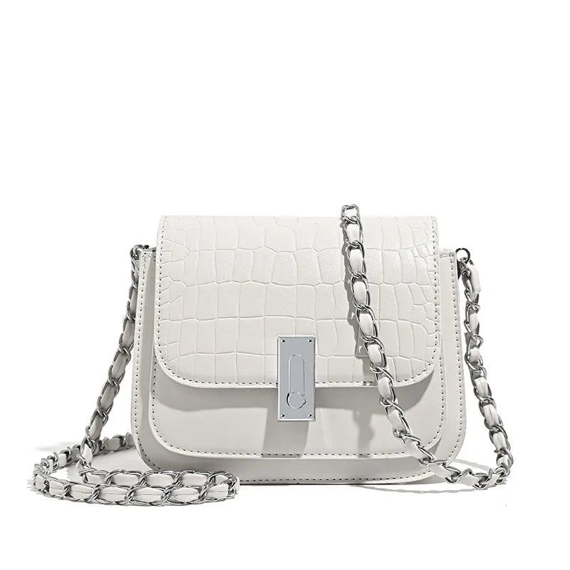 Soft PU women's chain shoulder bag in horizontal square design with sandwich pockets
