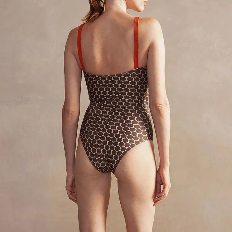Women's dot pattern one-piece swimsuit with wrap skirt set in polyester fabric