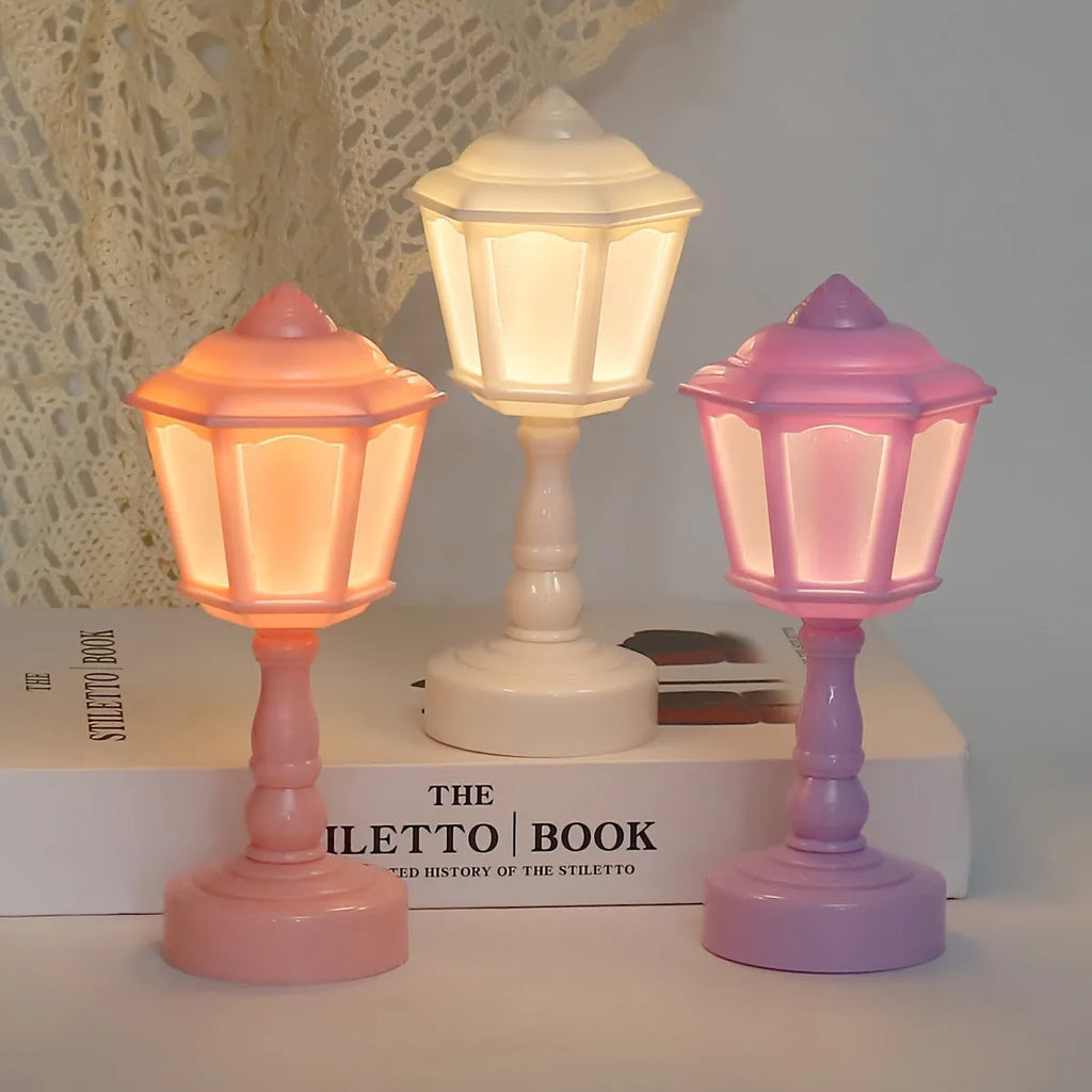 Retro pagoda small night lamp with geometric stereo design in light purple colour