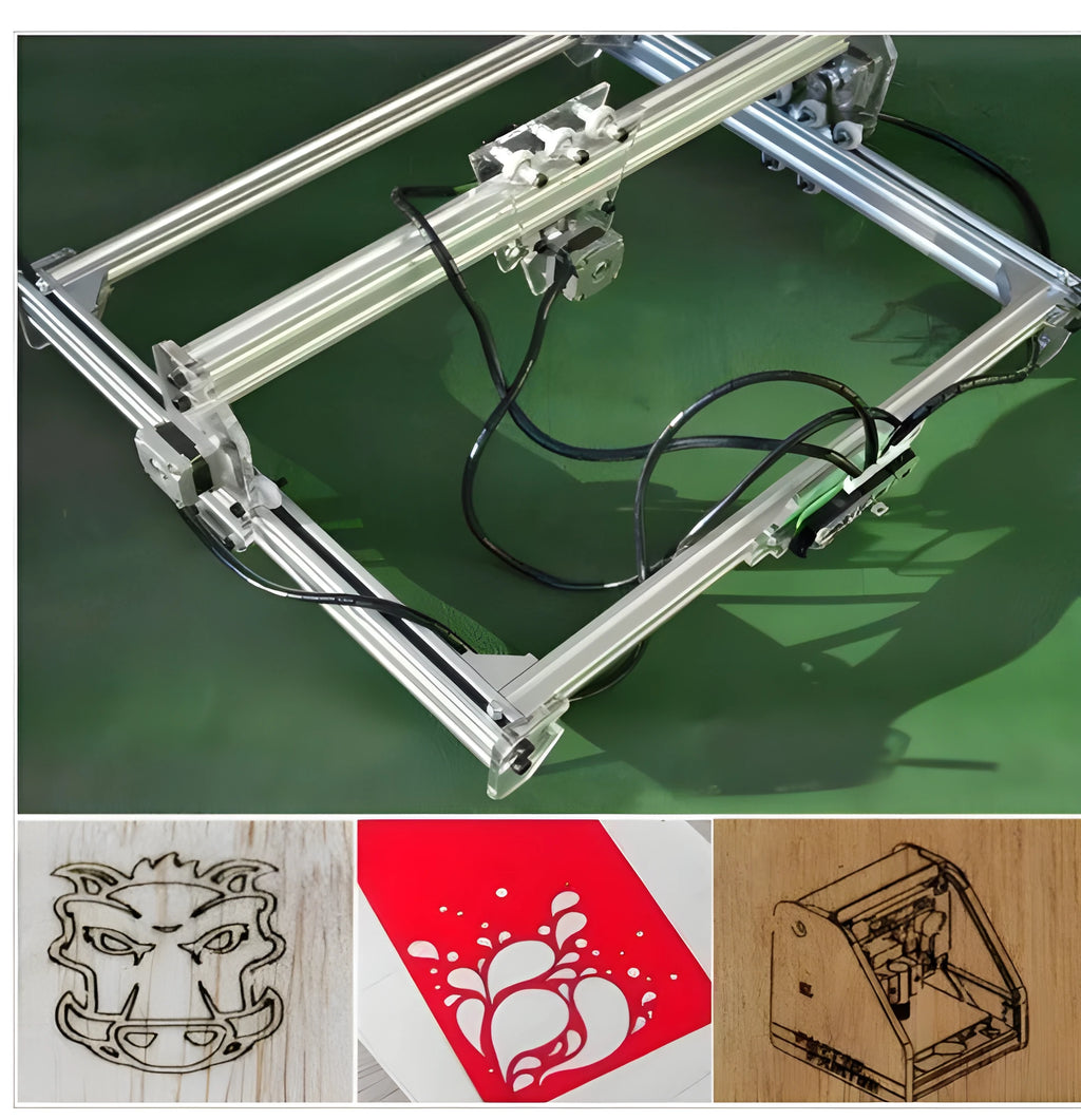 Miniature 3000mw laser engraving machine with a 400mm by 300mm base plate.
