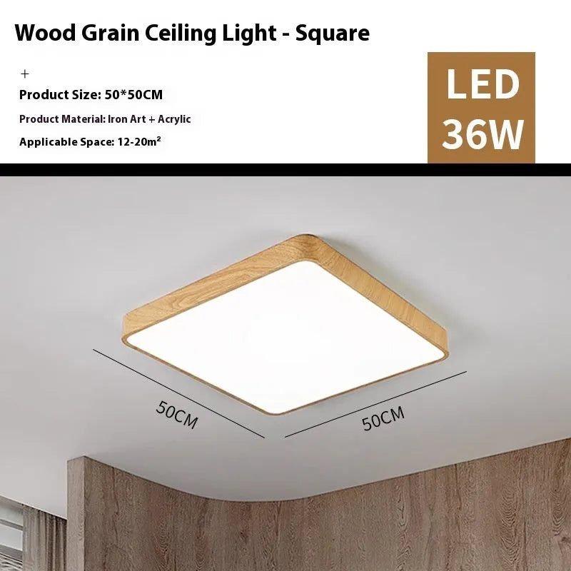 Modern square LED wall light with iron frame in wood grain finish, mounted on a wall.