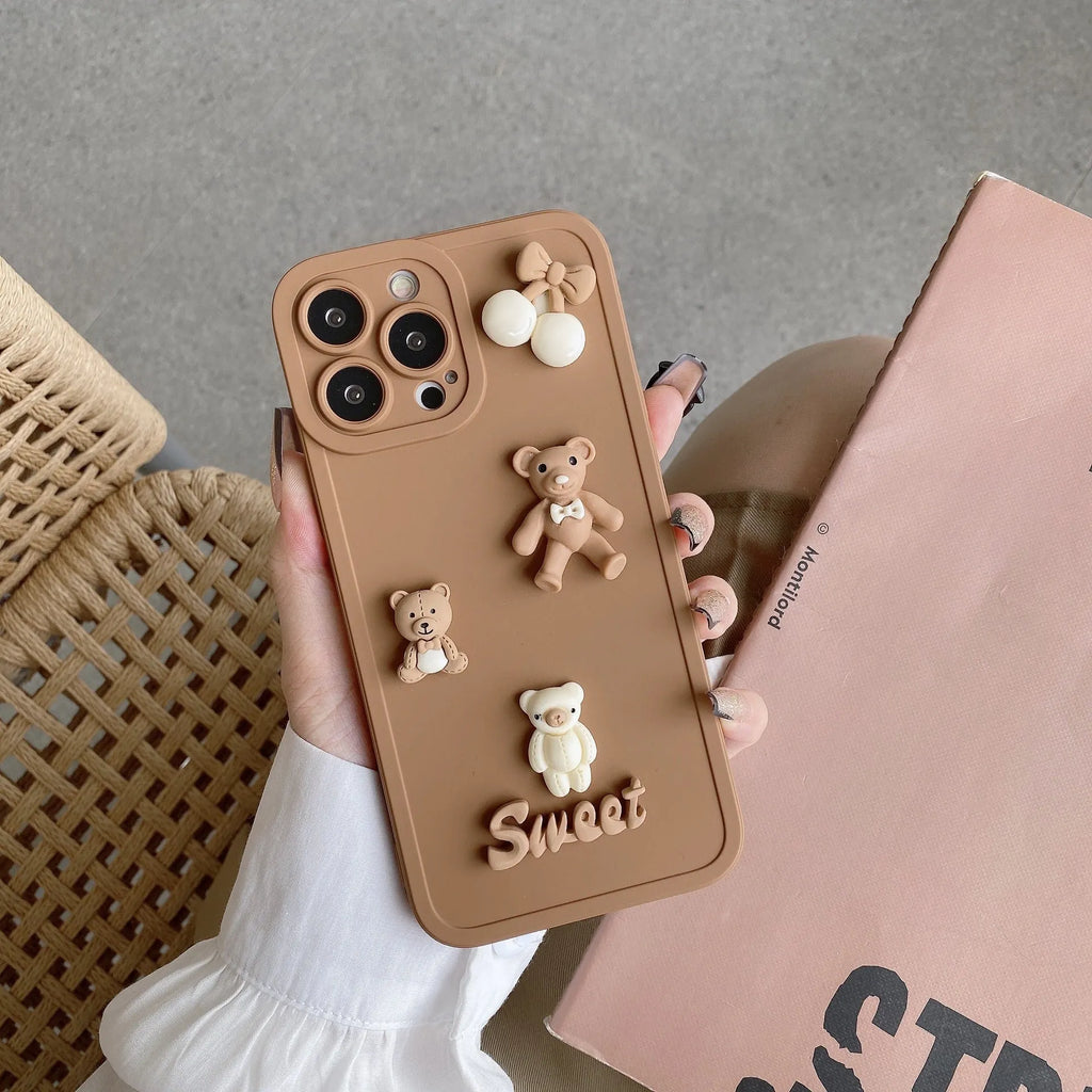 Angel Eyes TPU phone case for iPhone 13 in caramel colour with three-dimensional bear design