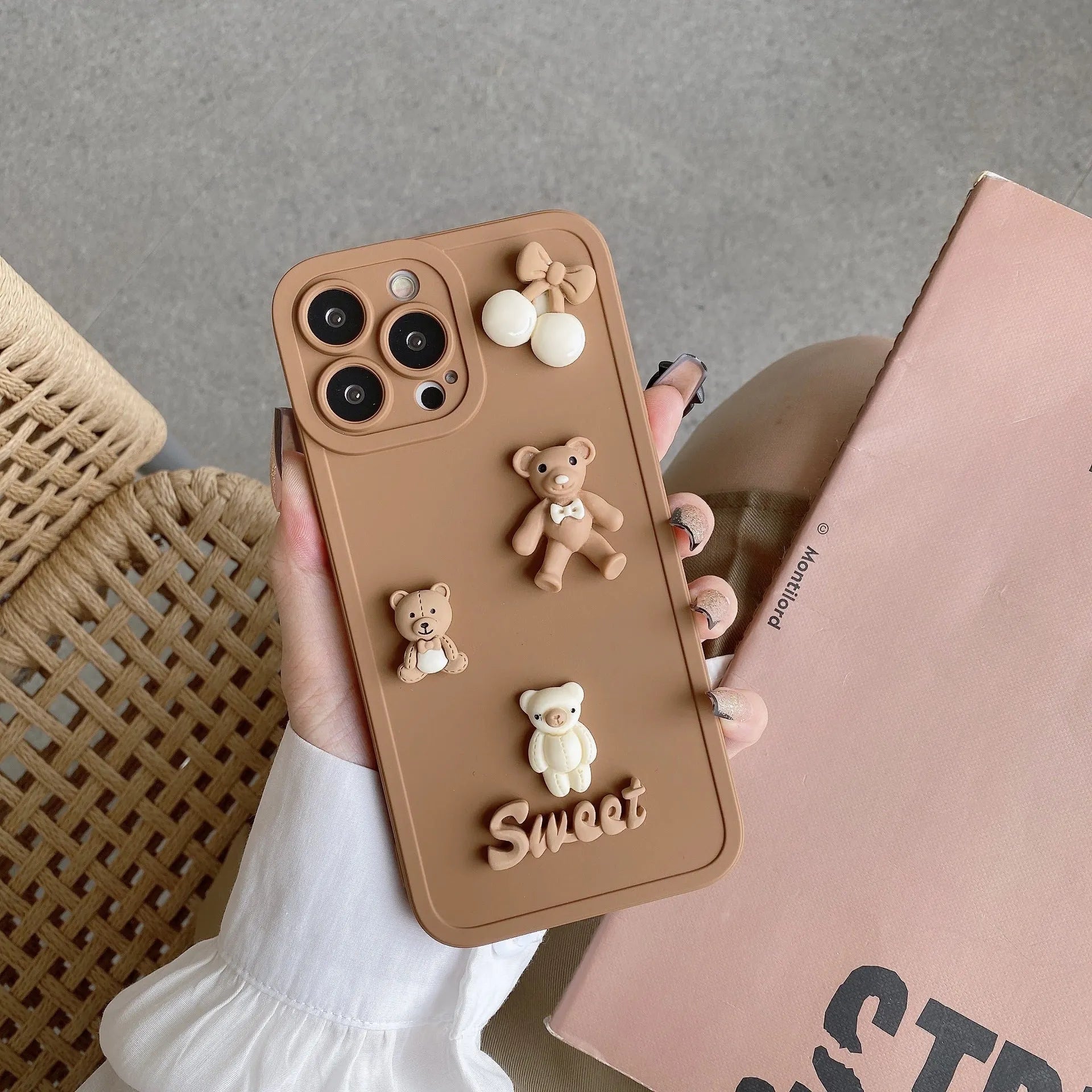 Angel Eyes TPU phone case for iPhone 13 in caramel colour with three-dimensional bear design