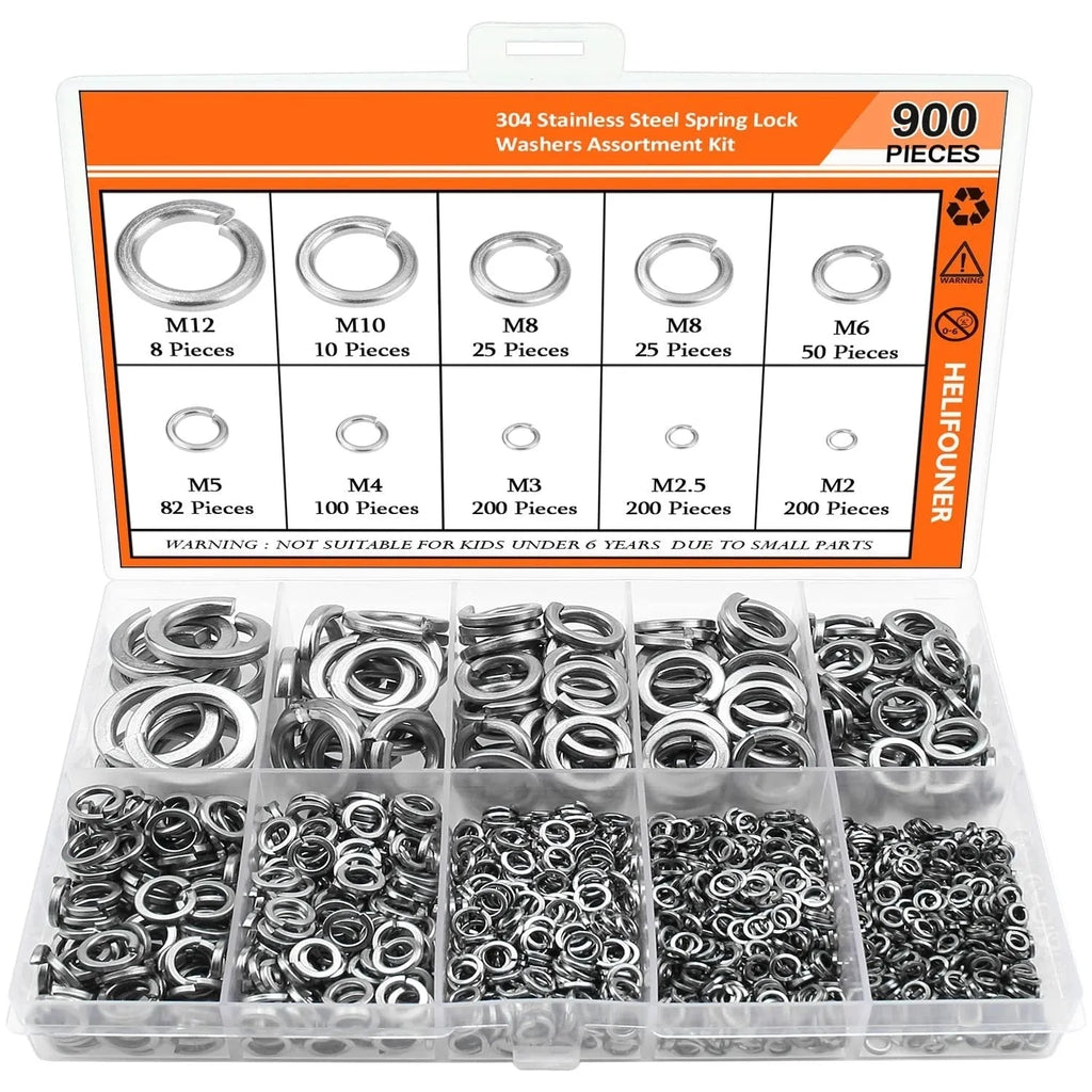 304 stainless steel spring lock washer assortment kit with sizes from M2 to M12 in organised combination box