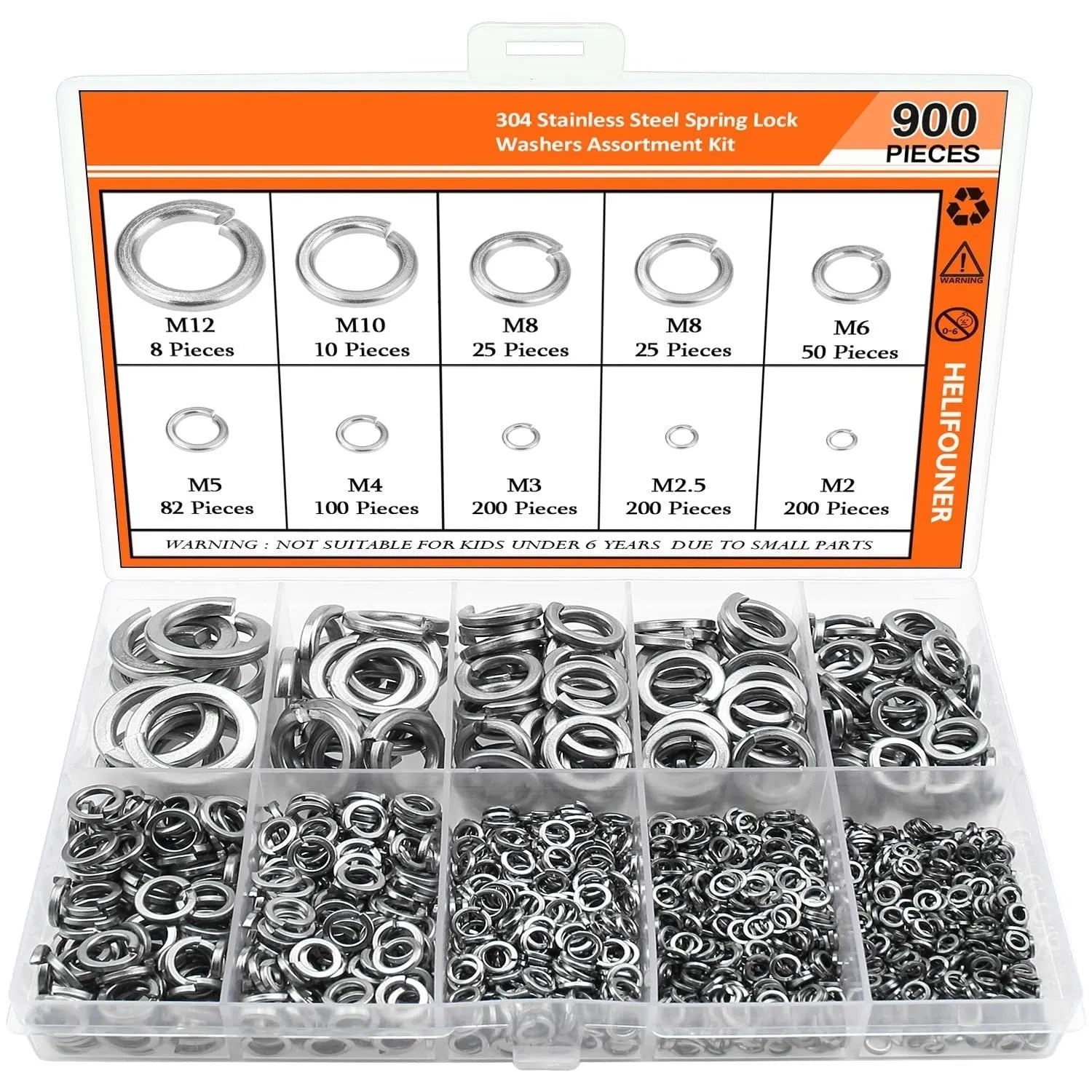304 stainless steel spring lock washer assortment kit with sizes from M2 to M12 in organised combination box
