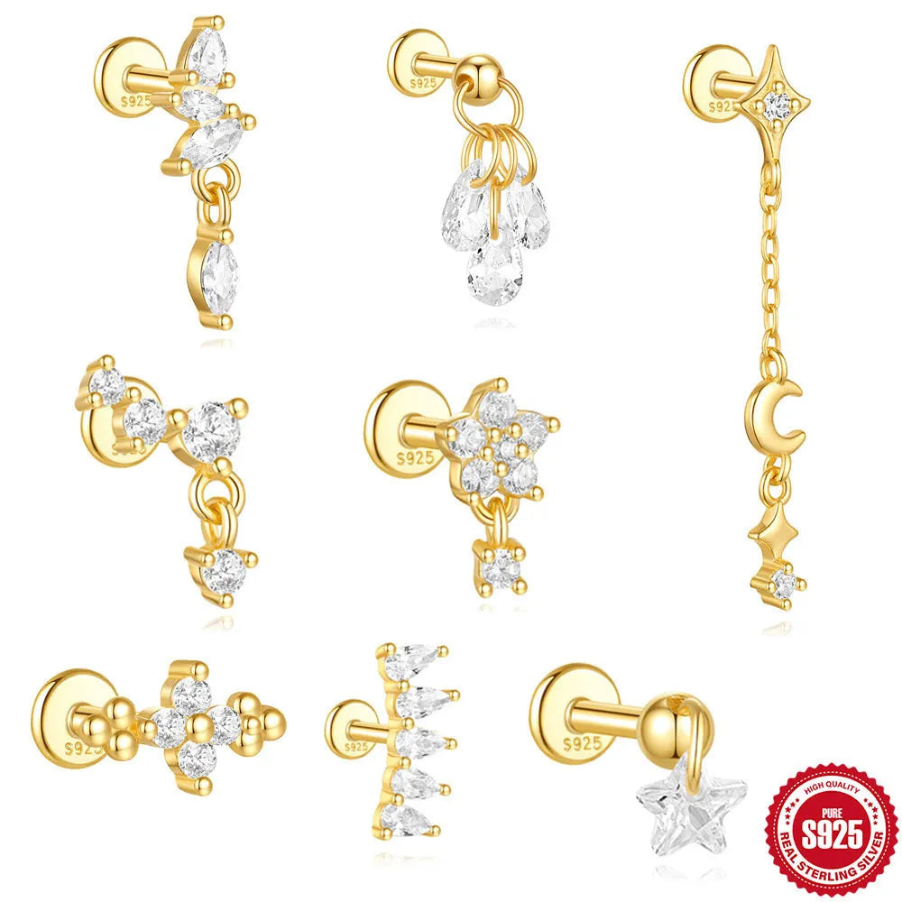 S925 sterling silver geometric earrings with moon and star design in gold tone