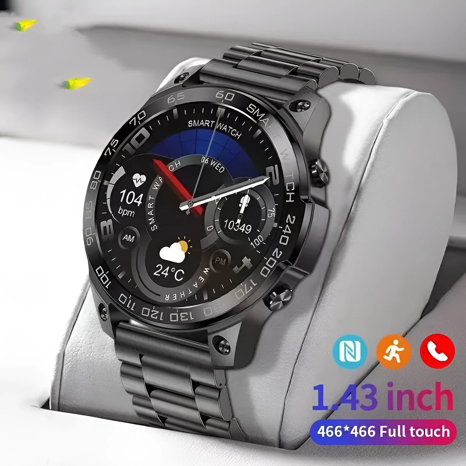 Bluetooth sports watch with round AMOLED screen and silicone strap showing heart rate monitoring display