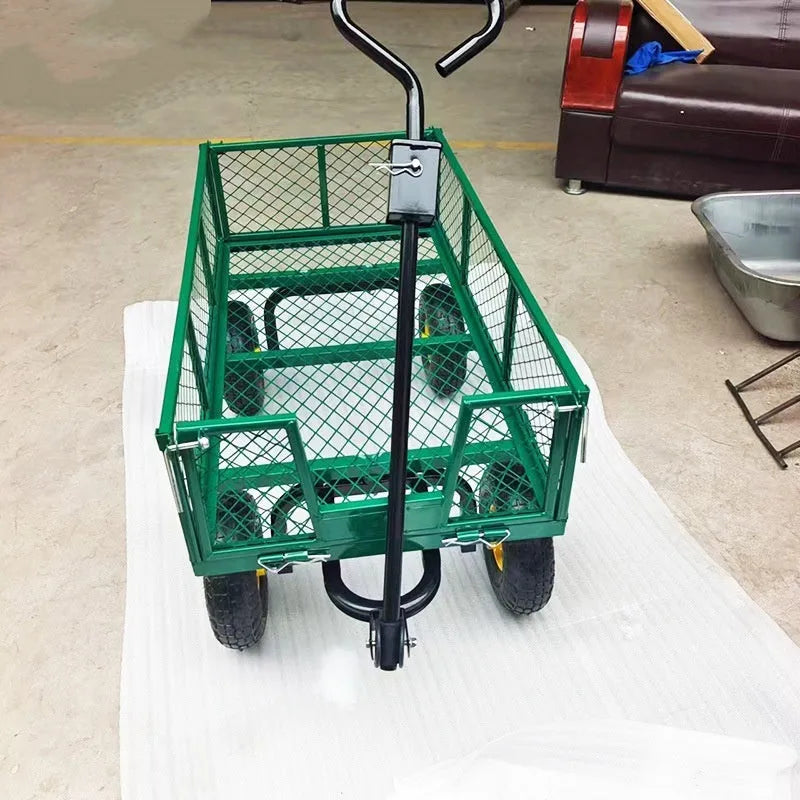 Four-Wheel Hand Push Net Cart Handling Express Transport Trolley Iron Construction 350kg Load 18kg Self-Weight Green Terrain Rubber Wheels 180° Steering Detachable Frame Multi-Use