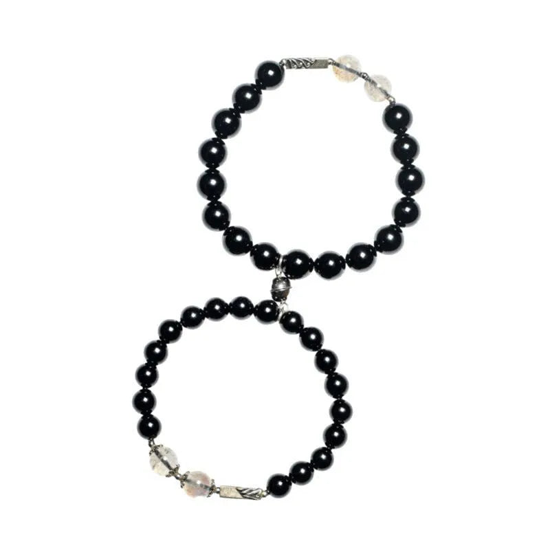 Obsidian Buddha beads couple bracelet DIY set showing 10mm men's and 8mm women's beads with national style patterns