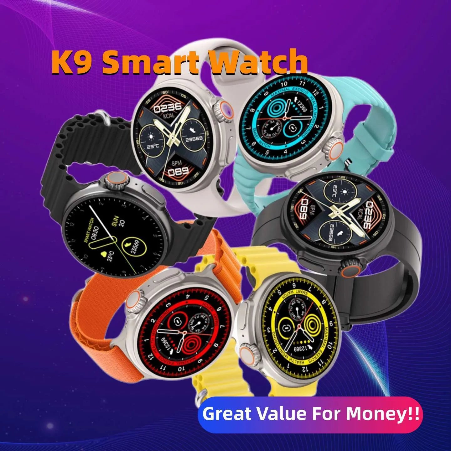 K9 Smart Watch in black on wrist, showing round screen with fitness stats