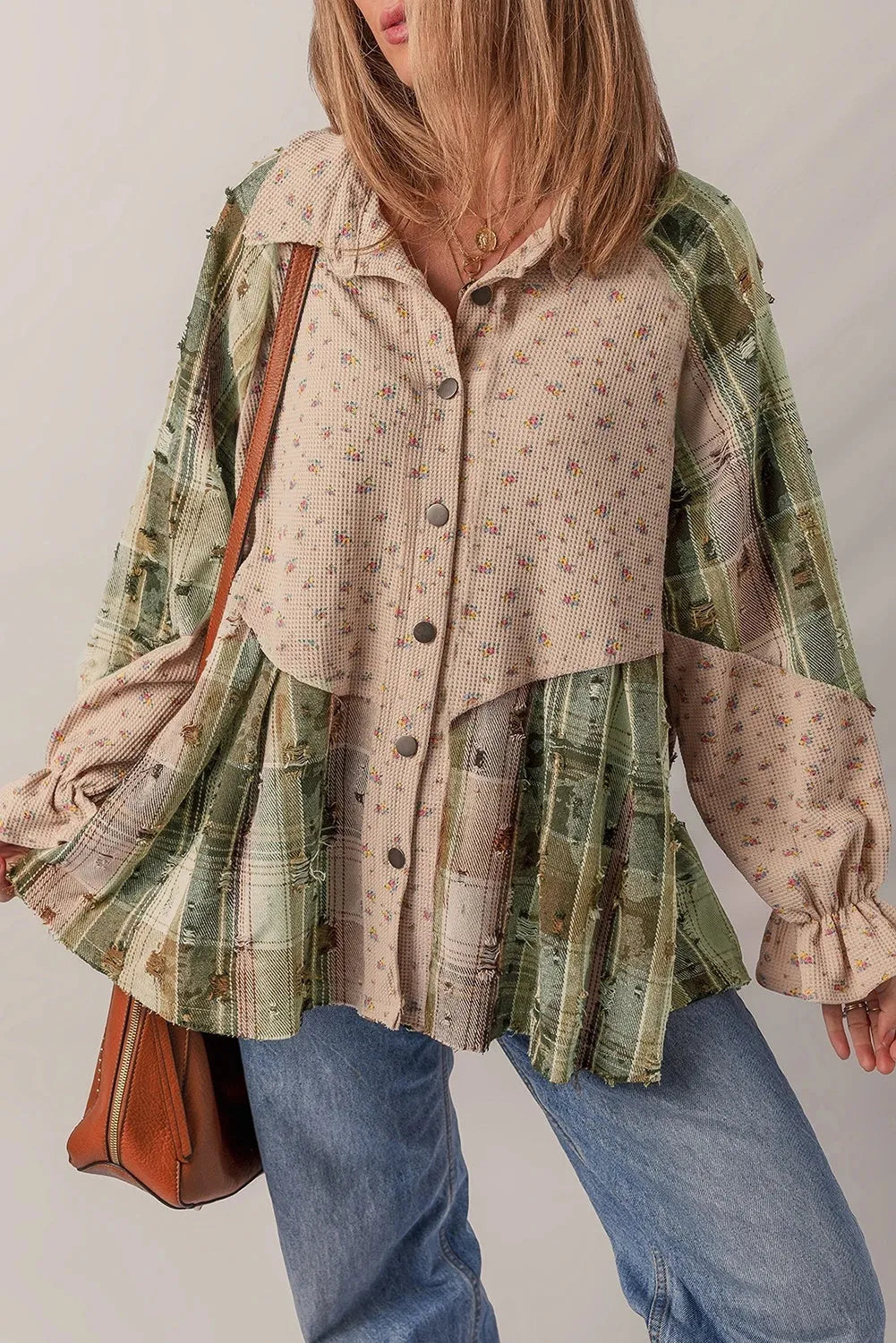 Women's loose fit plaid shirt with ruffle sleeves and distressed detail in oatmeal colour