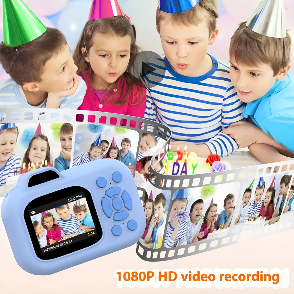 Children's plastic camera in blue colour with video recording and photo sticker functionality