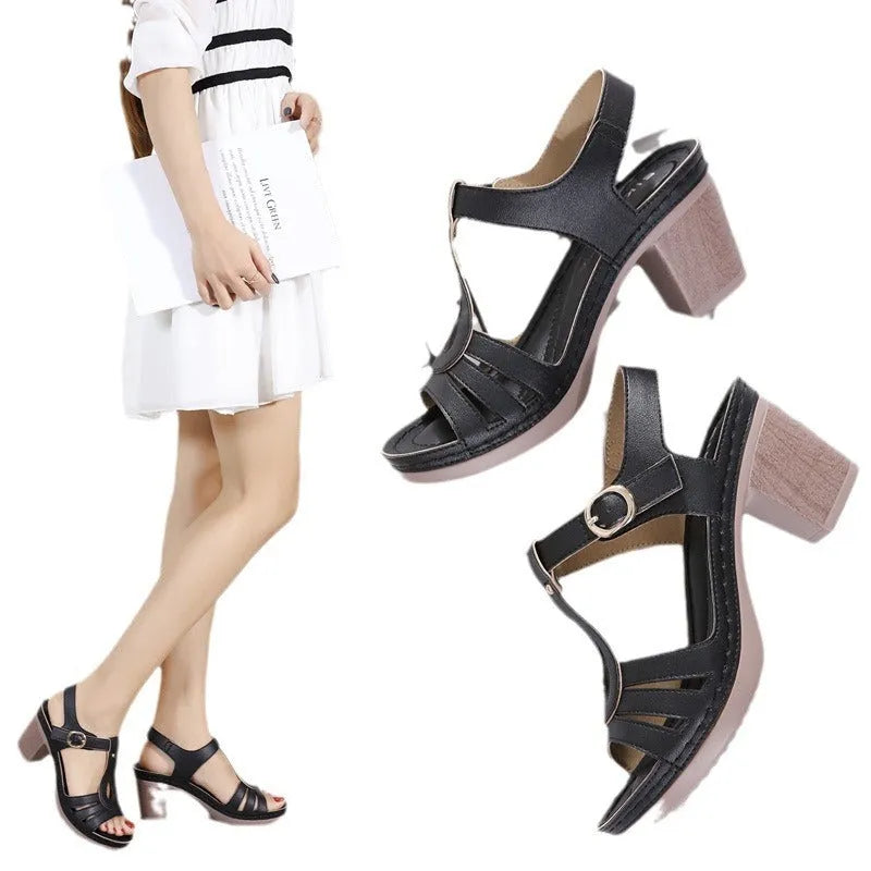 Women's patent leather sandals with a thick high heel and metal buckle fastening in apricot colour.