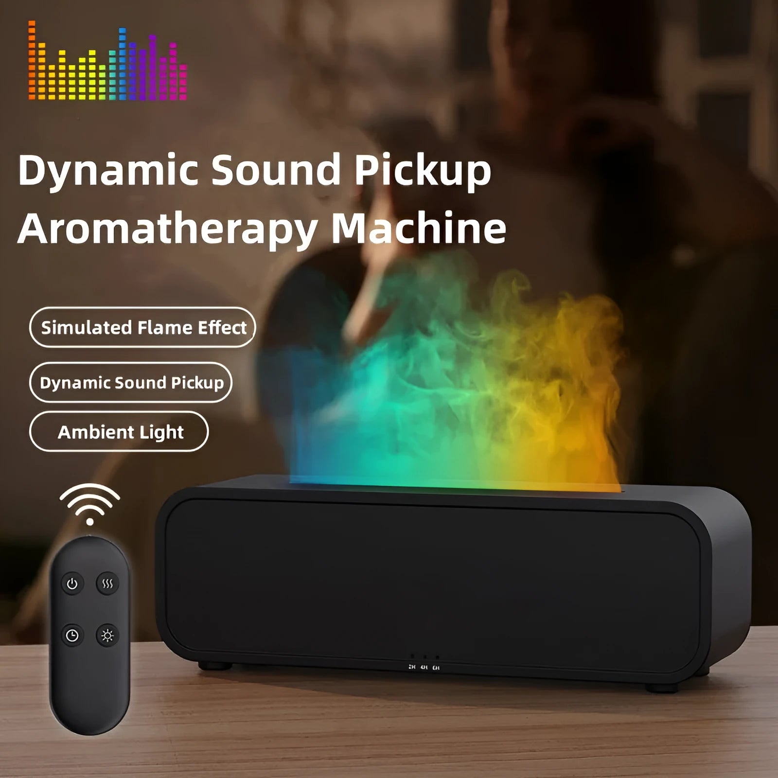 Flame Dynamic USB aroma diffuser with remote control in black or white with colour-changing lights