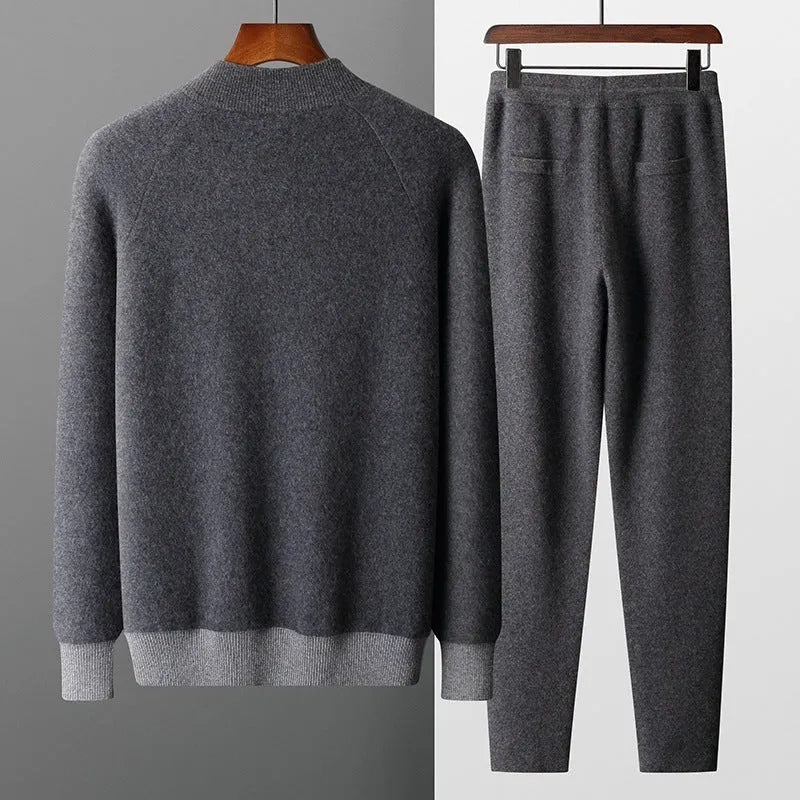 Men's cashmere wool blend cardigan suit with half turtleneck zip top and matching trousers in winter colours