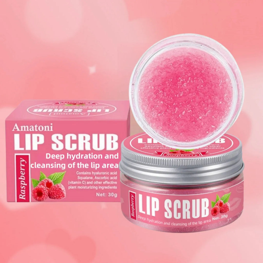 Amatoni lip scrub cream pot in coconut, raspberry, vanilla or watermelon flavour, 30g.