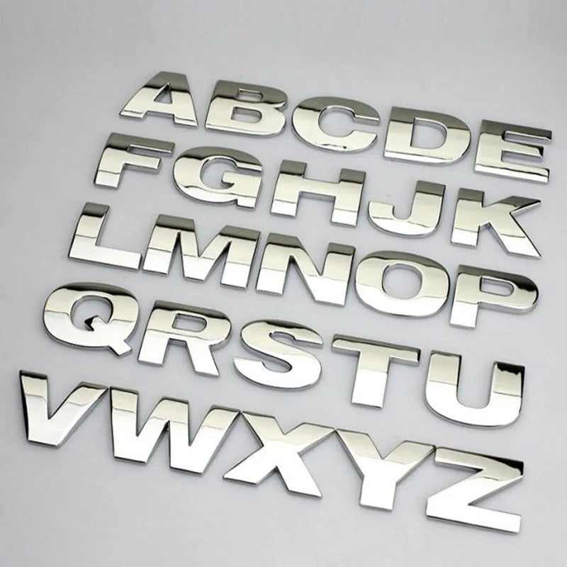3D zinc alloy car letter sticker showing raised metal construction on vehicle surface