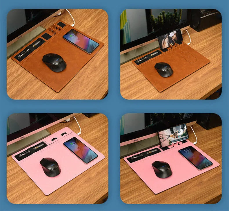 Pink wireless charging mouse pad with phone holder on a wooden desk