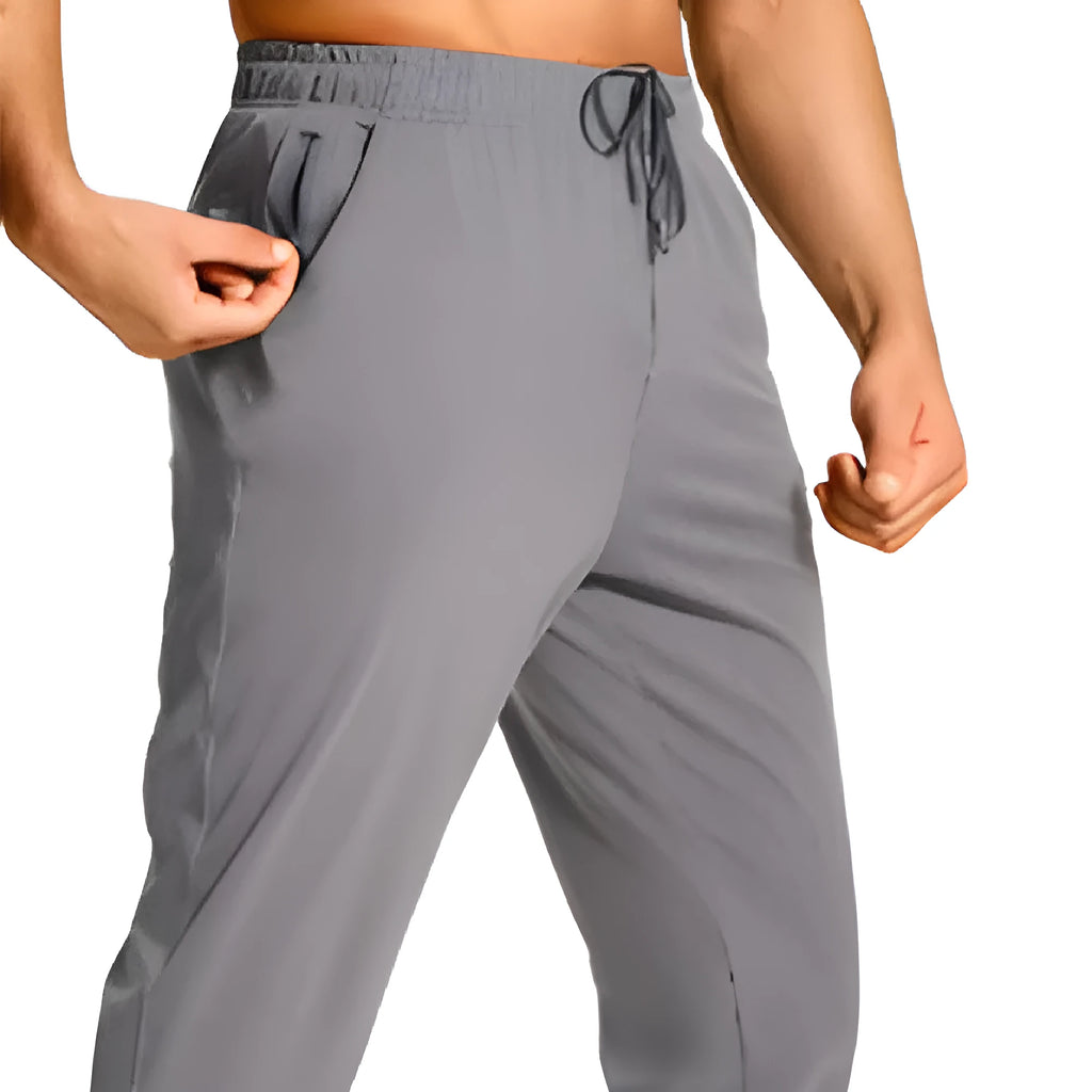 Men's loose fit straight-leg casual trousers with elastic waistband in solid colour