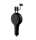 Black retractable car charger with extended cables plugged into a car socket