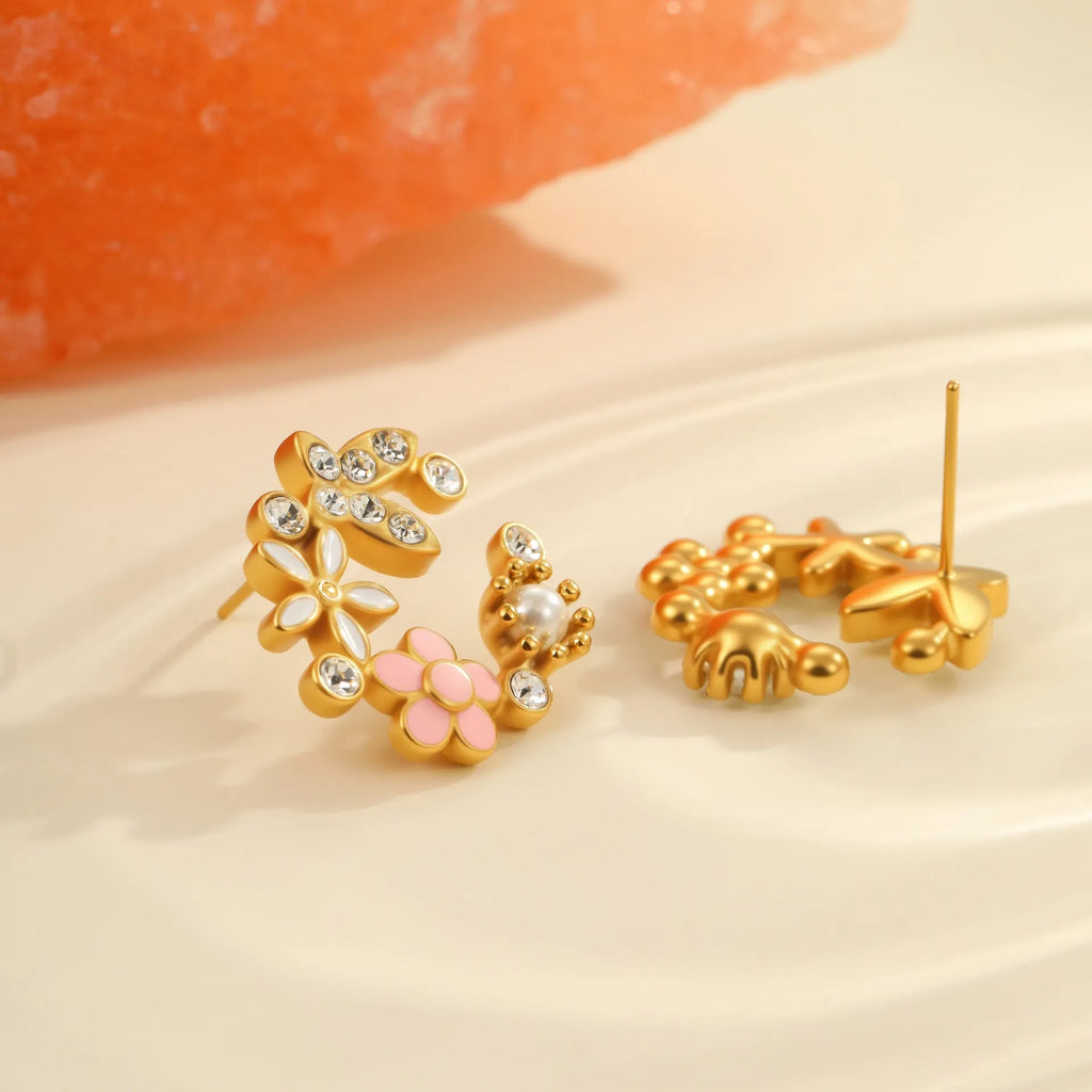 Stainless steel flower stud earrings with 18K gold electroplating and colourful petal design