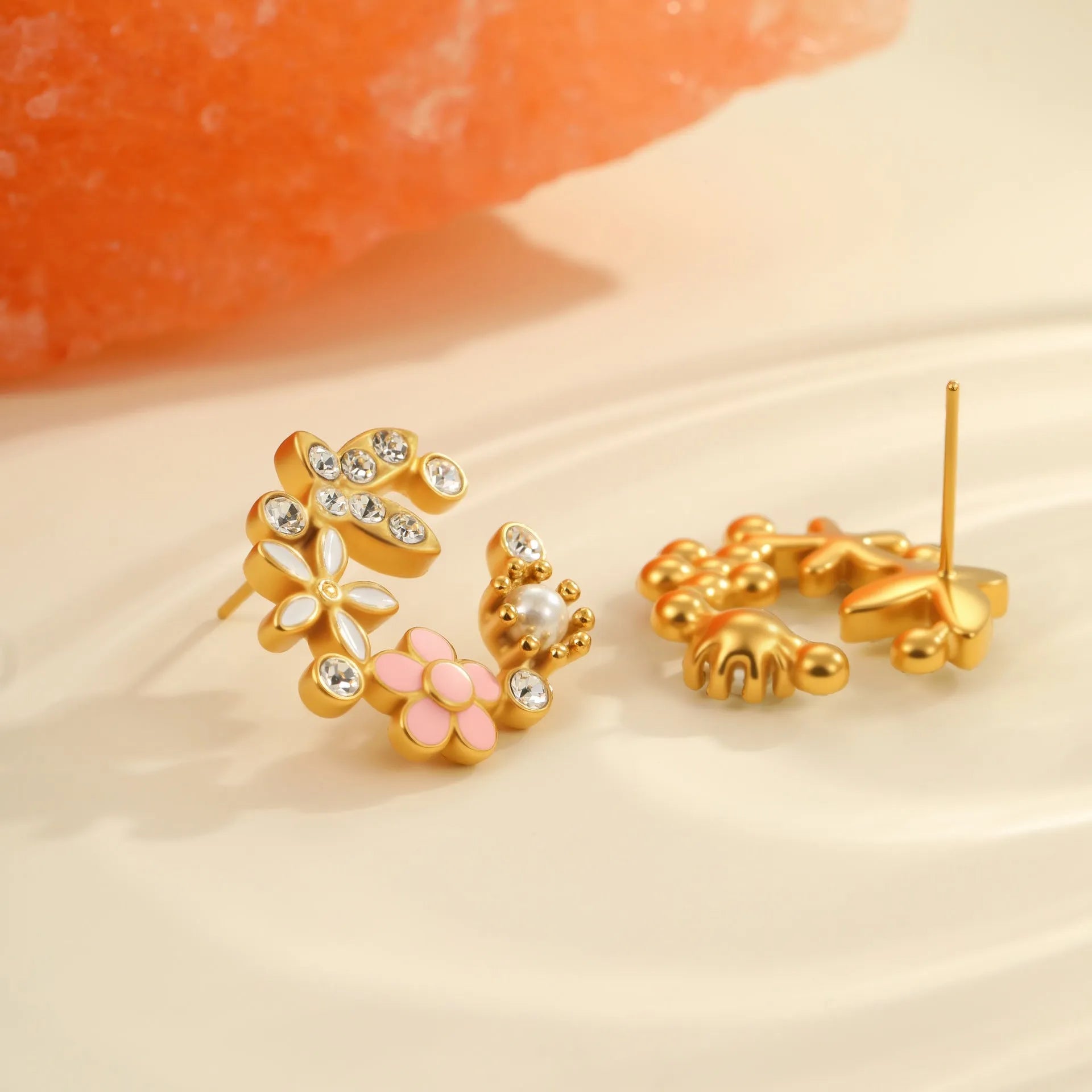 Stainless steel flower stud earrings with 18K gold electroplating and colourful petal design