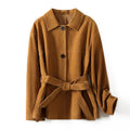 Loose fit caramel mocha cashmere coat with Peter Pan collar and regular sleeves