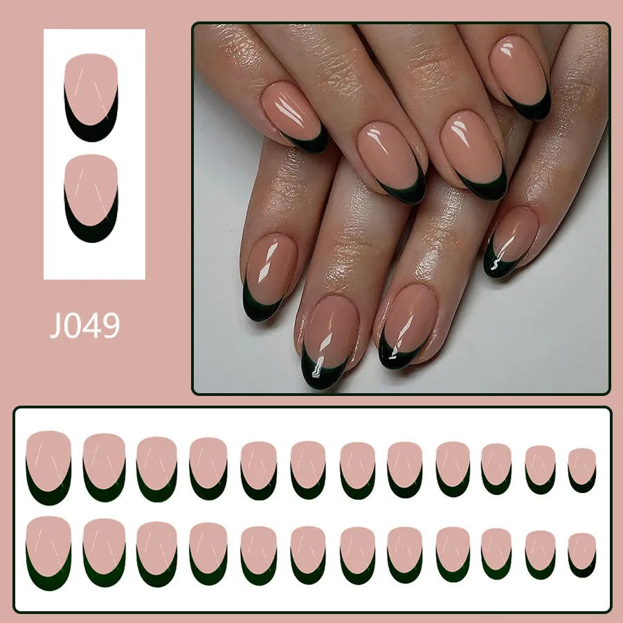 Black French style false nails set with 24 almond-shaped pieces in J049 colour classification